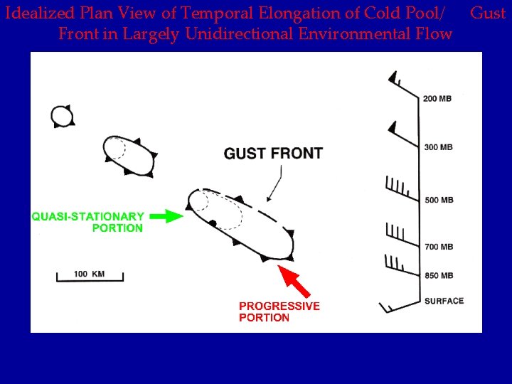 Idealized Plan View of Temporal Elongation of Cold Pool/ Gust Front in Largely Unidirectional