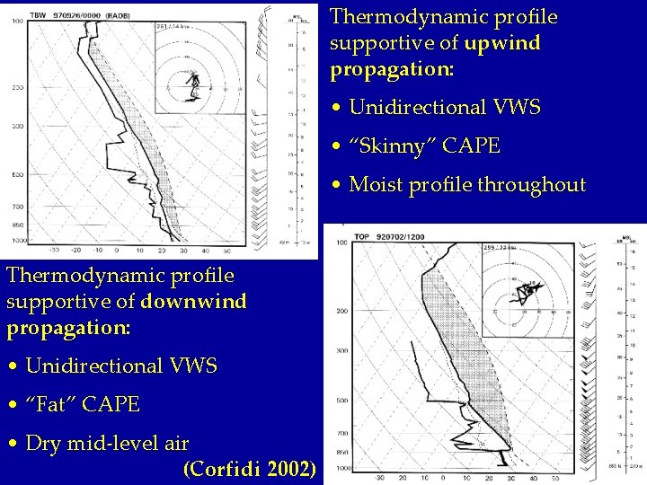Thermodynamic profile supportive of upwind propagation: • Unidirectional VWS • “Skinny” CAPE • Moist