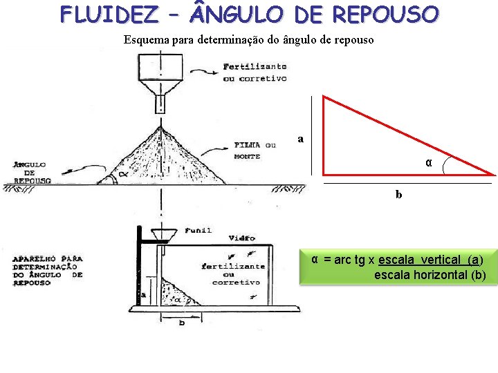 FLUIDEZ – NGULO DE REPOUSO Esquema para determinação do ângulo de repouso a α