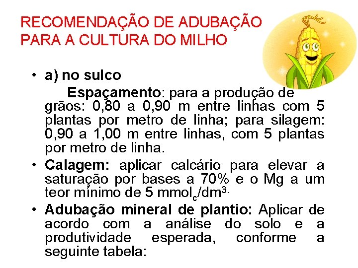 RECOMENDAÇÃO DE ADUBAÇÃO PARA A CULTURA DO MILHO • a) no sulco Espaçamento: para