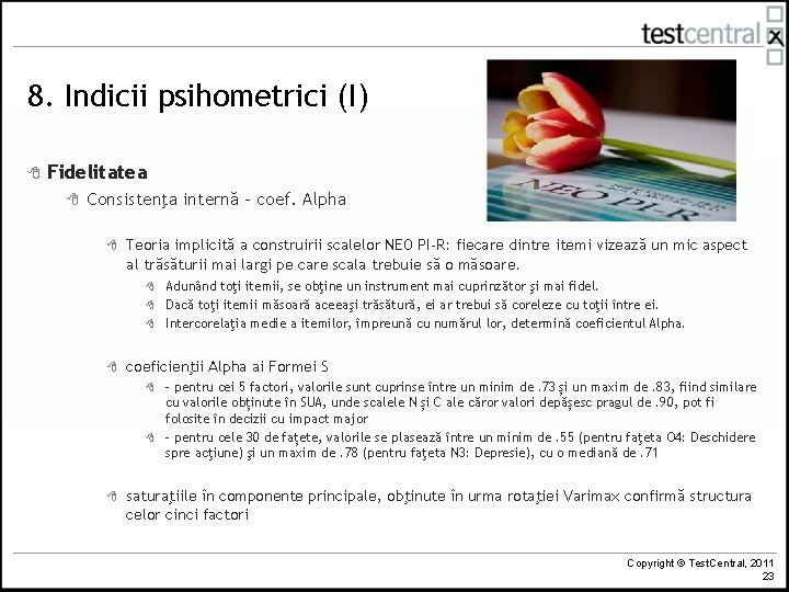 8. Indicii psihometrici (I) 8 Fidelitatea 8 Consistenţa internă – coef. Alpha 8 Teoria