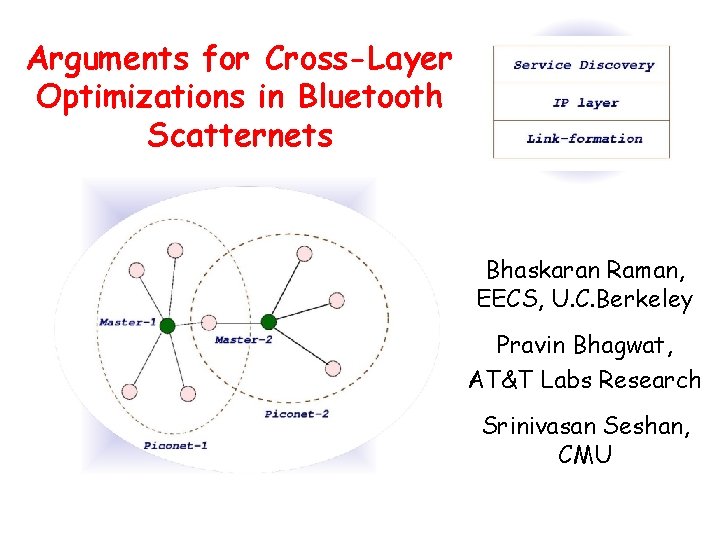 Arguments for Cross-Layer Optimizations in Bluetooth Scatternets Bhaskaran Raman, EECS, U. C. Berkeley Pravin