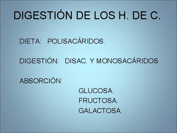 DIGESTIÓN DE LOS H. DE C. DIETA: POLISACÁRIDOS. DIGESTIÓN: DISAC. Y MONOSACÁRIDOS ABSORCIÓN: GLUCOSA. DIGESTIÓN DE LOS H. DE C. DIETA: POLISACÁRIDOS. DIGESTIÓN: DISAC. Y MONOSACÁRIDOS ABSORCIÓN: GLUCOSA.