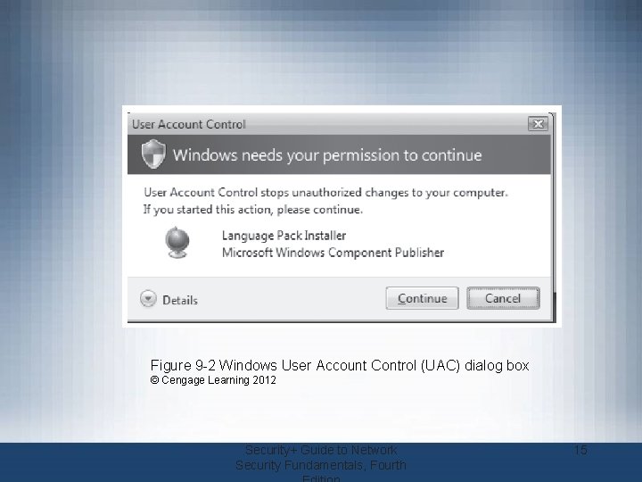Figure 9 -2 Windows User Account Control (UAC) dialog box © Cengage Learning 2012
