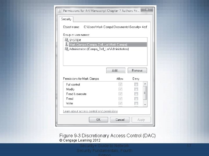 Figure 9 -3 Discretionary Access Control (DAC) © Cengage Learning 2012 Security+ Guide to