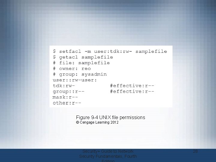 Figure 9 -4 UNIX file permissions © Cengage Learning 2012 Security+ Guide to Network