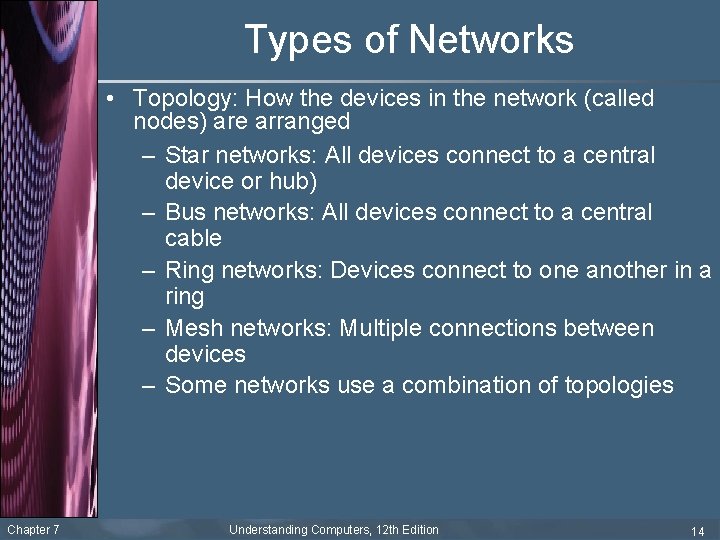 Types of Networks • Topology: How the devices in the network (called nodes) are