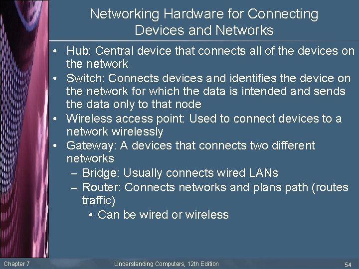 Networking Hardware for Connecting Devices and Networks • Hub: Central device that connects all