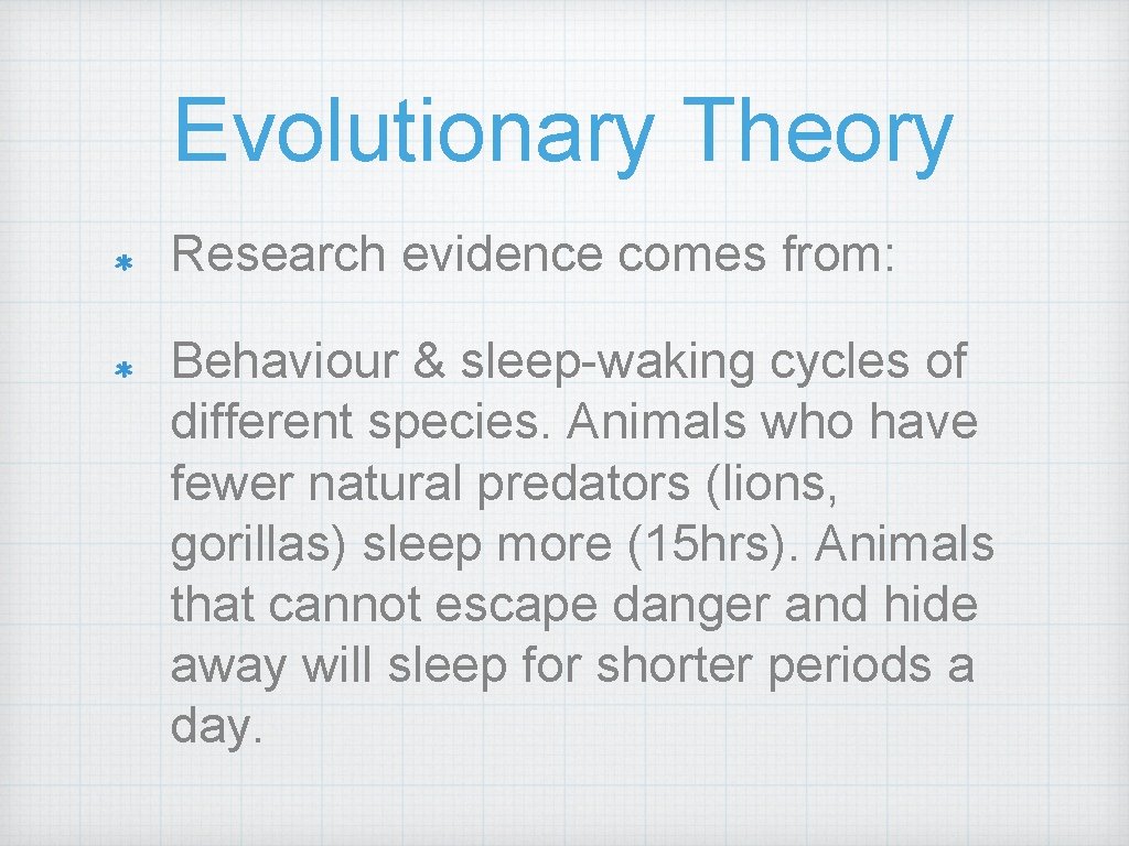 Evolutionary Theory Research evidence comes from: Behaviour & sleep-waking cycles of different species. Animals