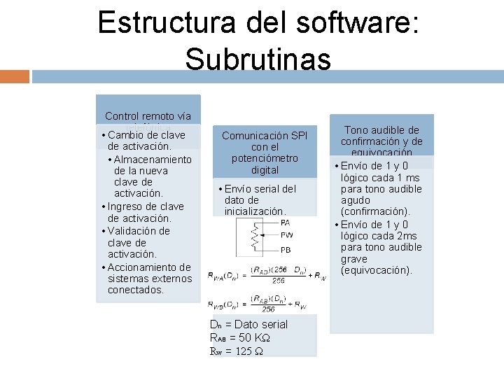 Estructura del software: Subrutinas Control remoto vía telefónica • Cambio de clave de activación.