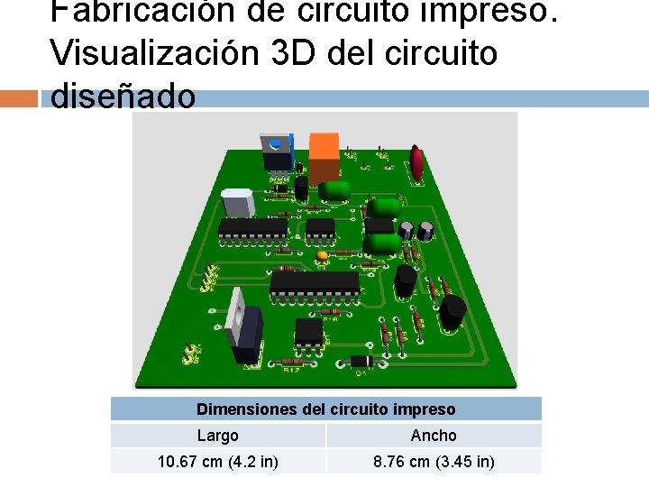 Fabricación de circuito impreso. Visualización 3 D del circuito diseñado Dimensiones del circuito impreso