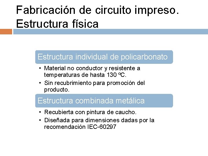 Fabricación de circuito impreso. Estructura física Estructura individual de policarbonato • Material no conductor