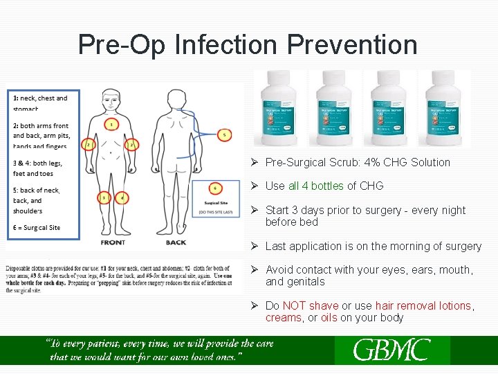 Pre-Op Infection Prevention Ø Pre-Surgical Scrub: 4% CHG Solution Ø Use all 4 bottles