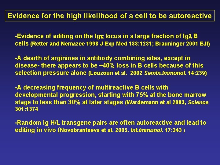 Evidence for the high likelihood of a cell to be autoreactive -Evidence of editing Evidence for the high likelihood of a cell to be autoreactive -Evidence of editing