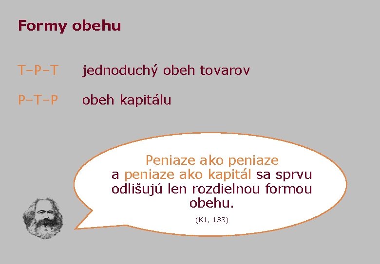 Formy obehu T–P–T jednoduchý obeh tovarov P–T–P obeh kapitálu Peniaze ako peniaze ako kapitál