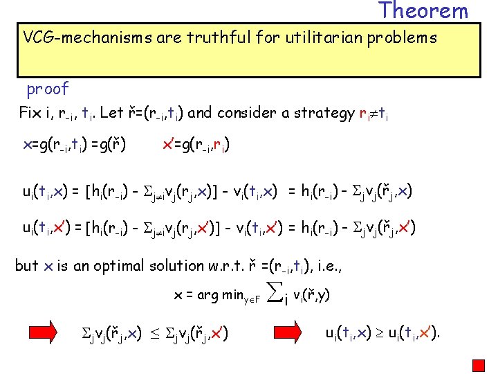 Theorem VCG-mechanisms are truthful for utilitarian problems proof Fix i, r-i, ti. Let ř=(r-i,