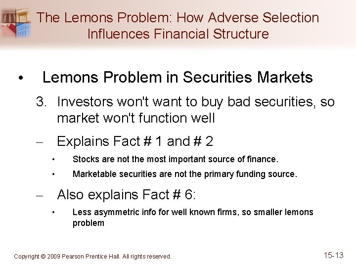 The Lemons Problem: How Adverse Selection Influences Financial Structure • Lemons Problem in Securities