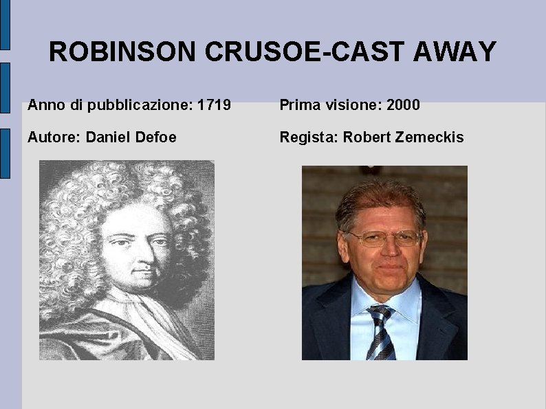 ROBINSON CRUSOE-CAST AWAY Anno di pubblicazione: 1719 Prima visione: 2000 Autore: Daniel Defoe Regista:
