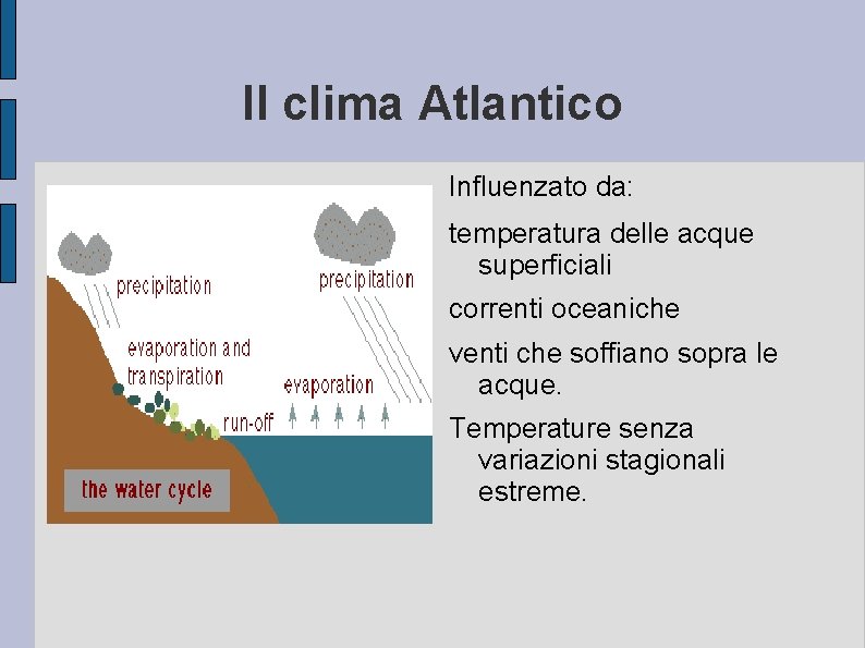Il clima Atlantico Influenzato da: temperatura delle acque superficiali correnti oceaniche venti che soffiano