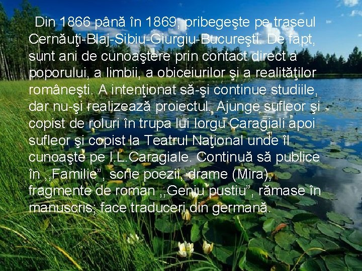 Din 1866 până în 1869, pribegeşte pe traseul Cernăuţi-Blaj-Sibiu-Giurgiu-Bucureşti. De fapt, sunt ani de