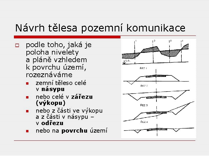 Návrh tělesa pozemní komunikace o podle toho, jaká je poloha nivelety a pláně vzhledem