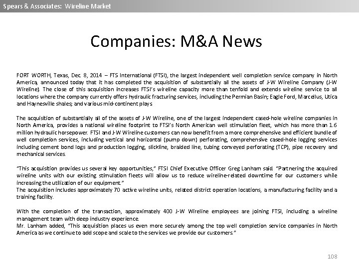 Spears & Associates: Wireline Market Companies: M&A News FORT WORTH, Texas, Dec. 8, 2014 Spears & Associates: Wireline Market Companies: M&A News FORT WORTH, Texas, Dec. 8, 2014