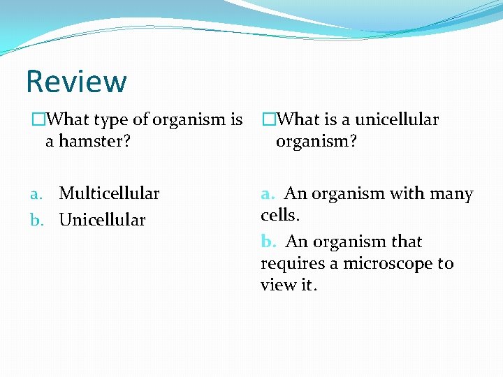 Review �What type of organism is a hamster? �What is a unicellular organism? a.