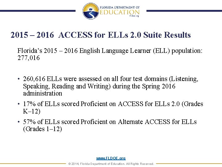 2015 – 2016 ACCESS for ELLs 2. 0 Suite Results Florida’s 2015 – 2016