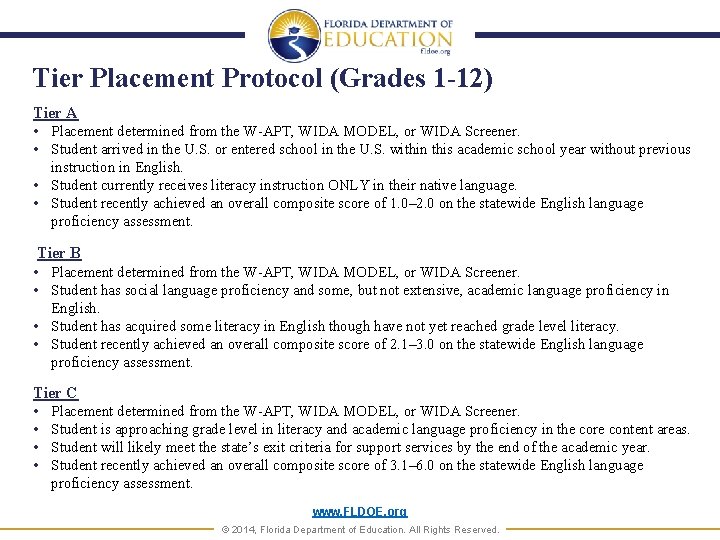 Tier Placement Protocol (Grades 1 -12) Tier A • Placement determined from the W-APT,