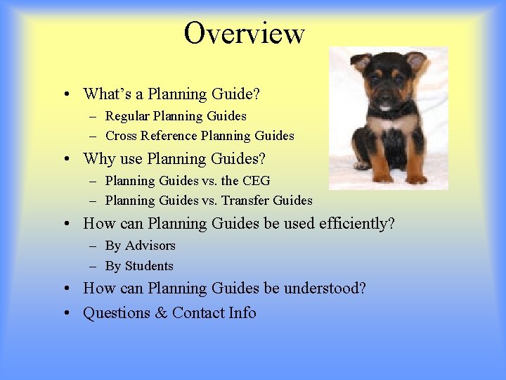 Overview • What’s a Planning Guide? – Regular Planning Guides – Cross Reference Planning