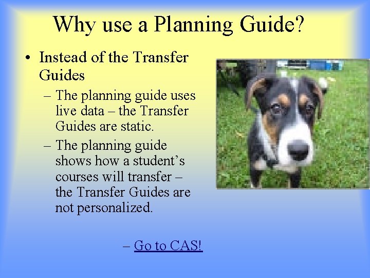 Why use a Planning Guide? • Instead of the Transfer Guides – The planning