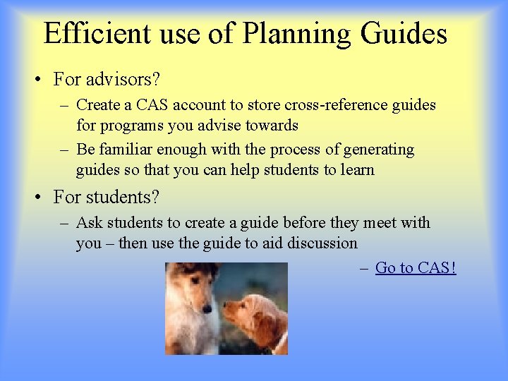 Efficient use of Planning Guides • For advisors? – Create a CAS account to