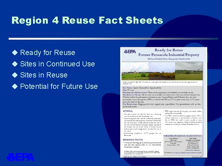 Region 4 Reuse Fact Sheets u Ready for Reuse u Sites in Continued Use