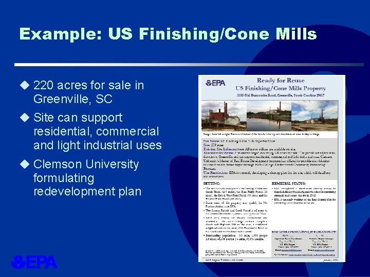 Example: US Finishing/Cone Mills u 220 acres for sale in Greenville, SC u Site