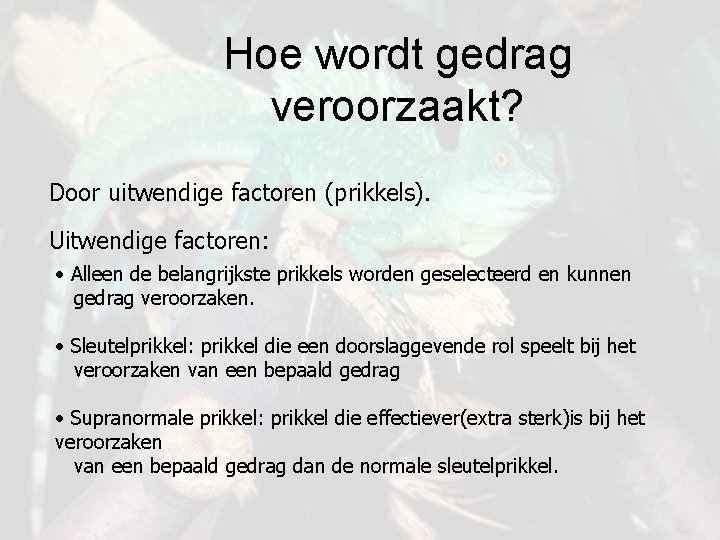 Hoe wordt gedrag veroorzaakt? Door uitwendige factoren (prikkels). Uitwendige factoren: • Alleen de belangrijkste