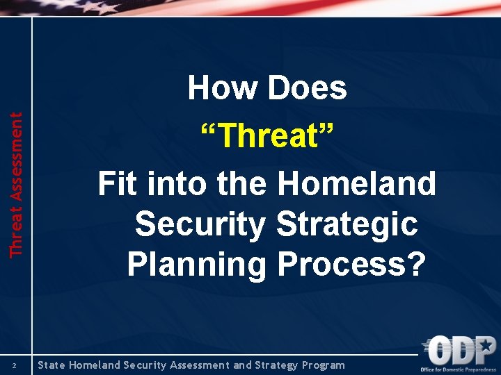 Threat Assessment 2 How Does “Threat” Fit into the Homeland Security Strategic Planning Process?