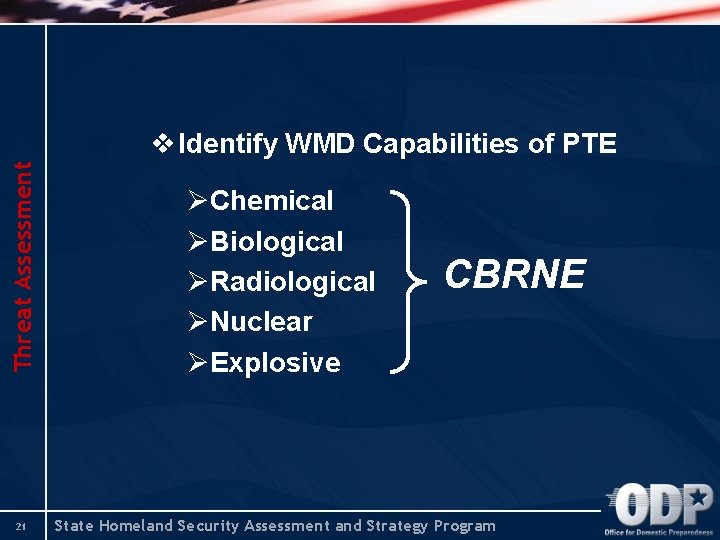 Threat Assessment v Identify WMD Capabilities of PTE 21 ØChemical ØBiological ØRadiological ØNuclear ØExplosive Threat Assessment v Identify WMD Capabilities of PTE 21 ØChemical ØBiological ØRadiological ØNuclear ØExplosive
