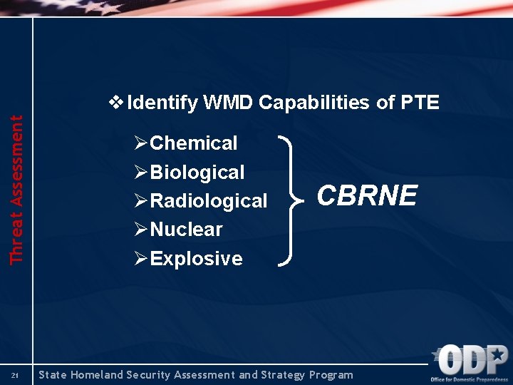 Threat Assessment v Identify WMD Capabilities of PTE 21 ØChemical ØBiological ØRadiological ØNuclear ØExplosive