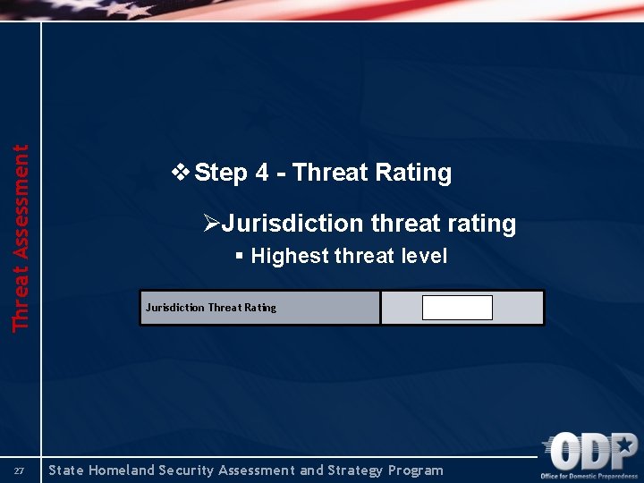 Threat Assessment 27 v Step 4 - Threat Rating ØJurisdiction threat rating § Highest