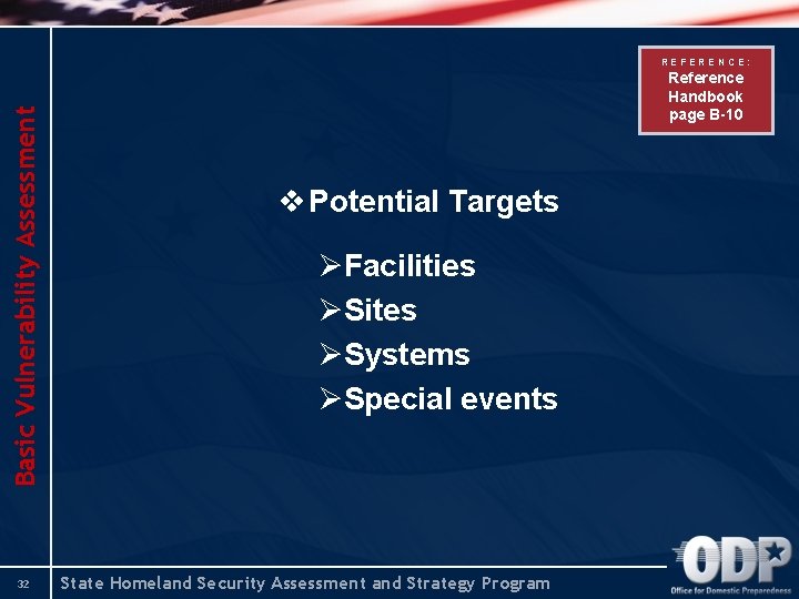 Basic Vulnerability Assessment REFERENCE: 32 Reference Handbook page B-10 v Potential Targets ØFacilities ØSites