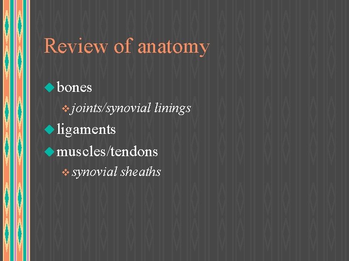 Review of anatomy u bones v joints/synovial linings u ligaments u muscles/tendons v synovial