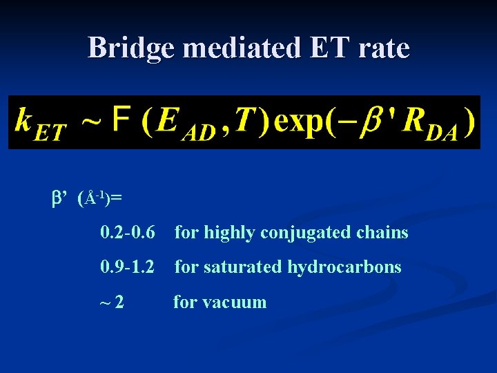 Bridge mediated ET rate b’ (Å-1)= 0. 2 -0. 6 for highly conjugated chains Bridge mediated ET rate b’ (Å-1)= 0. 2 -0. 6 for highly conjugated chains