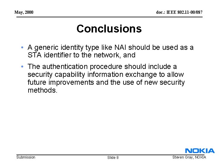 May, 2000 doc. : IEEE 802. 11 -00/087 Conclusions • A generic identity type