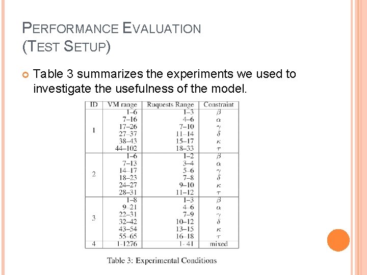 PERFORMANCE EVALUATION (TEST SETUP) Table 3 summarizes the experiments we used to investigate the