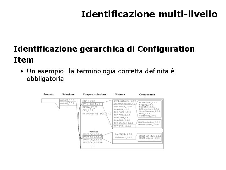 Identificazione multi-livello Identificazione gerarchica di Configuration Item • Un esempio: la terminologia corretta definita