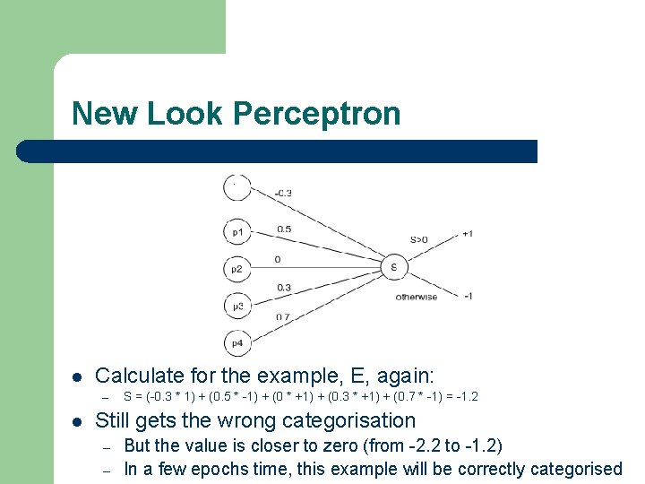 New Look Perceptron l Calculate for the example, E, again: – l S =