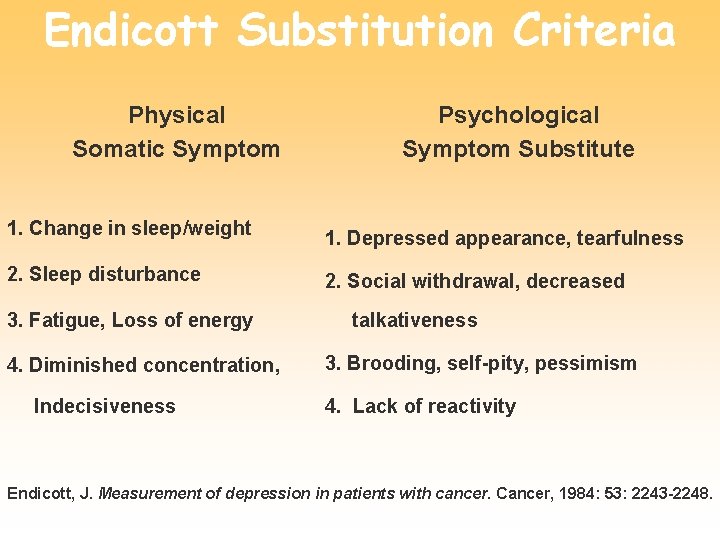 Endicott Substitution Criteria Physical Somatic Symptom Psychological Symptom Substitute 1. Change in sleep/weight 1.