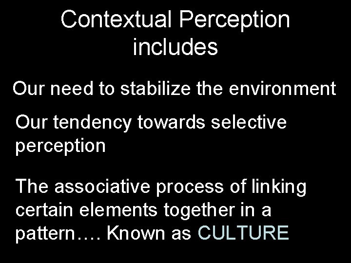 Contextual Perception includes Our need to stabilize the environment Our tendency towards selective perception