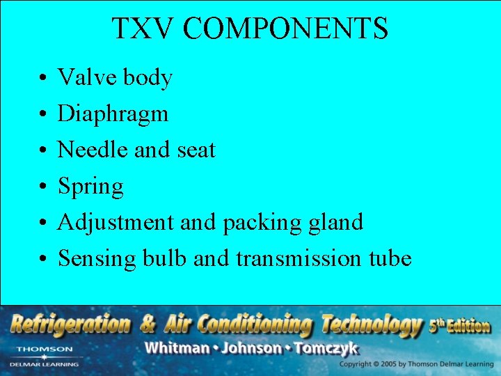 TXV COMPONENTS • • • Valve body Diaphragm Needle and seat Spring Adjustment and