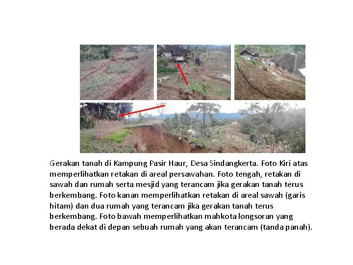 Gerakan tanah di Kampung Pasir Haur, Desa Sindangkerta. Foto Kiri atas memperlihatkan retakan di